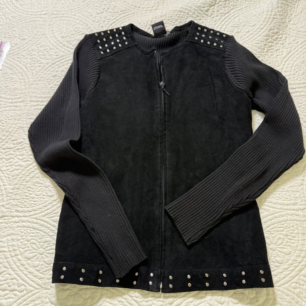 Escapade Suede Front Ribbed Knit Zip Up Sweater Women Small Black Studded Y2K‎
